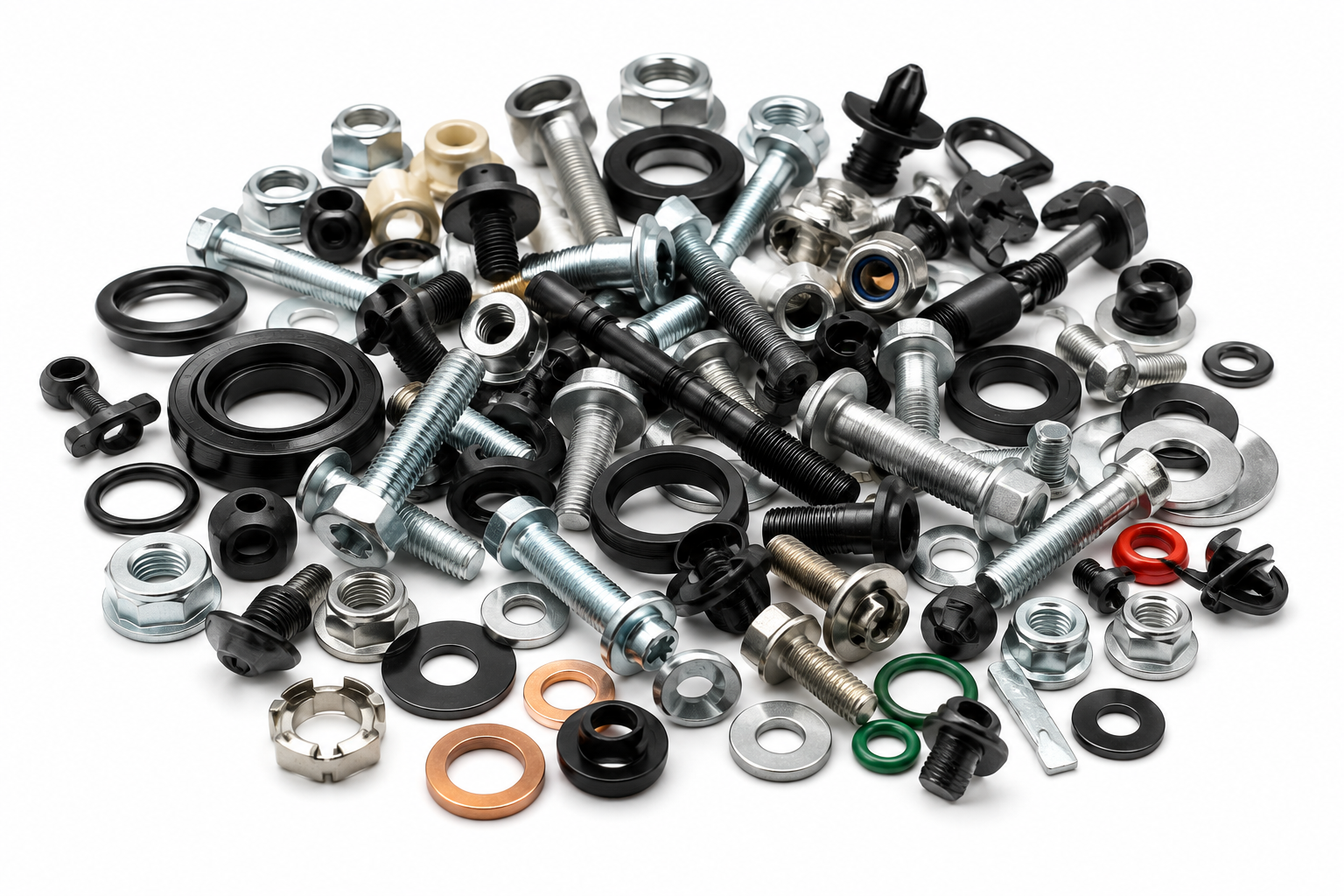 Assorted fasteners, nuts, washers, seals and O-rings
