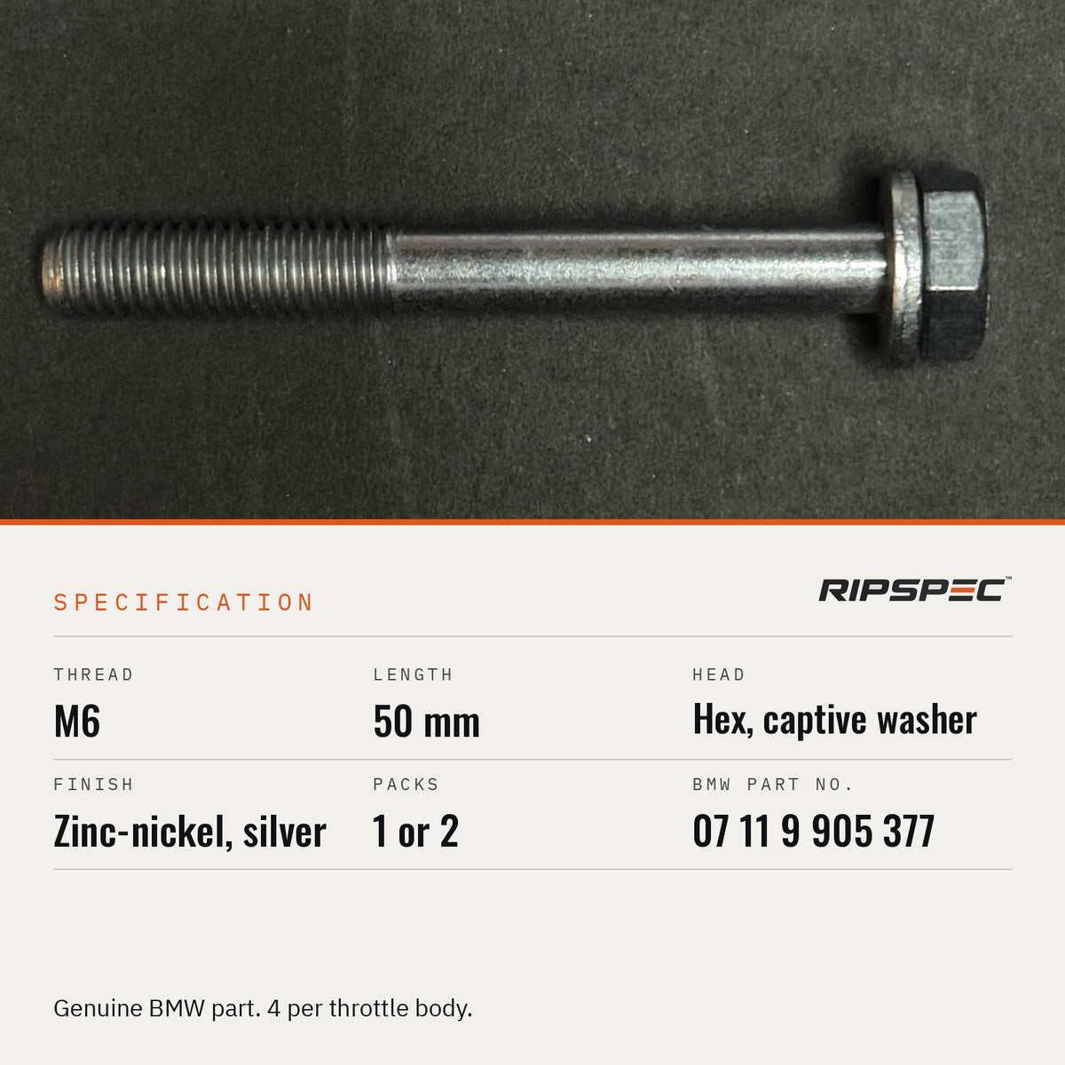 07119905377 specification: M6 x 50 hex with captive washer